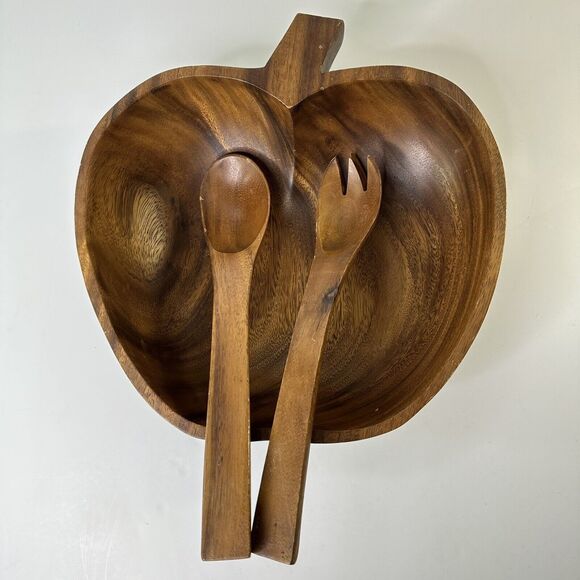 Vintage Wooden Serving Bowl Apple Shaped Fork Spoon Utensils Salad Pumpkin - Picture 13 of 16